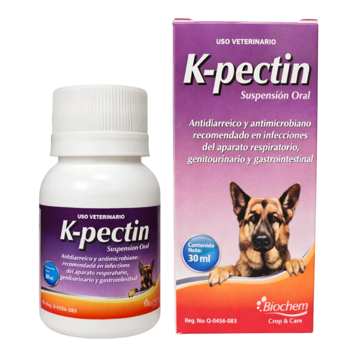 Suspensión oral K-pectin de 30 ml, tratamiento antidiarreico y antibiótico con loperamida para perros y gatos con problemas gastrointestinales.