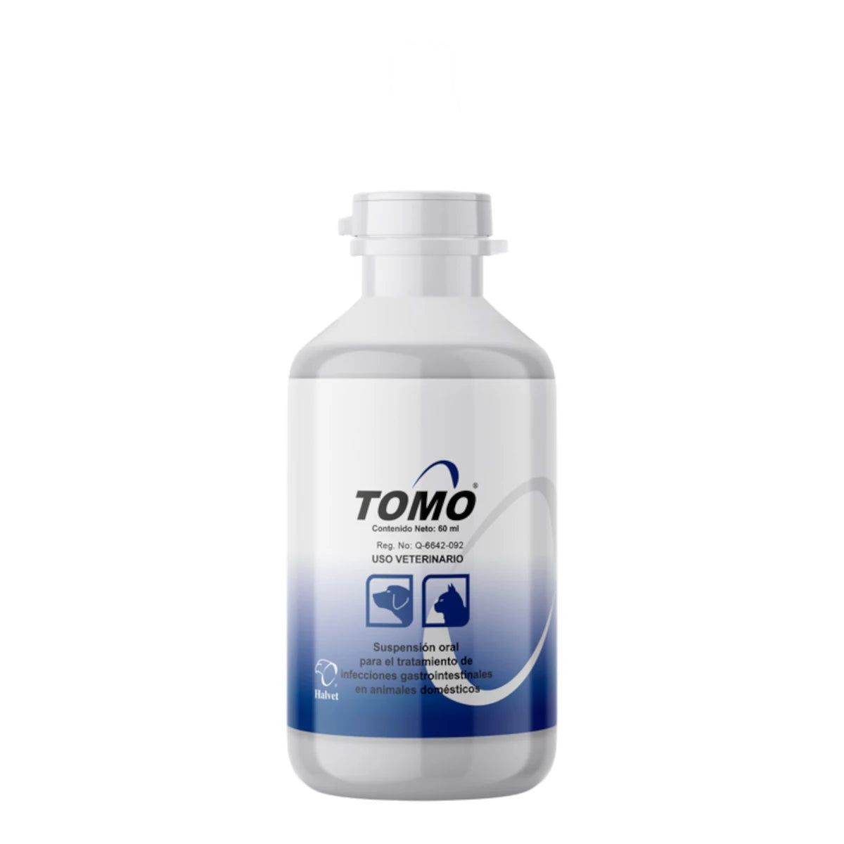 Presentación de 60 ml de Tomo suspensión oral, tratamiento antimicrobiano para el control de diarreas en cachorros y lechones.