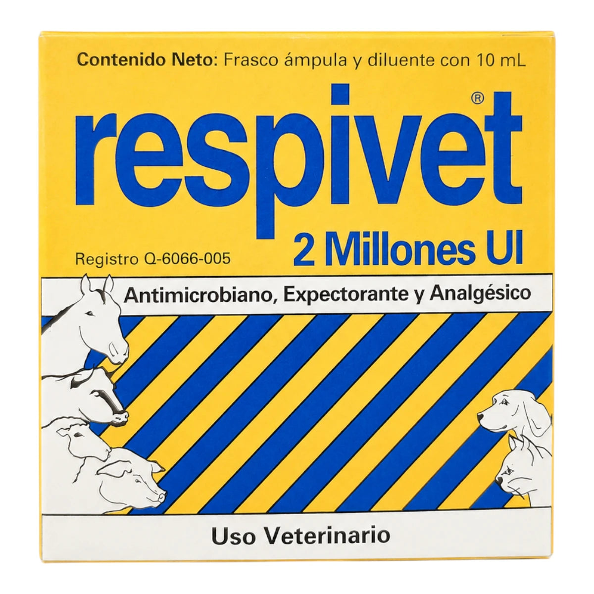 Caja de Respivet 2MUI de Laboratorio Senosiain, incluyendo el vial con polvo de penicilinas y el diluyente con dipirona y guayacol para aplicación intramuscular.