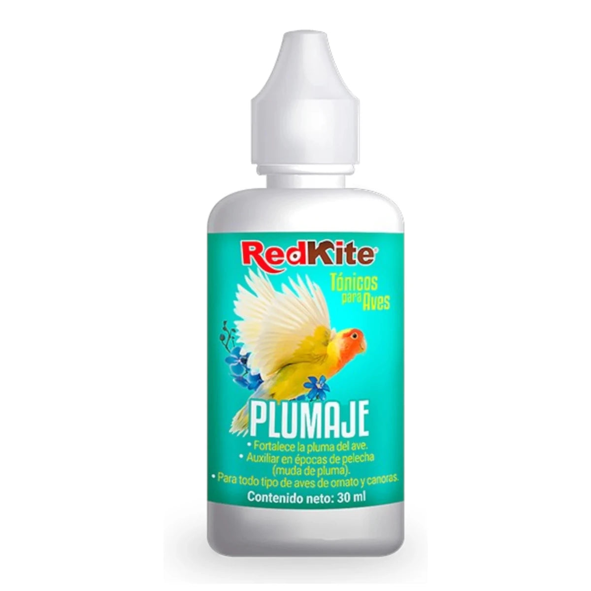 Frasco de Tónico Plumaje RedKite para aves de ornato y canoras 30 ml, suplemento líquido con vitaminas y minerales para fortalecer y dar brillo al plumaje durante la muda.