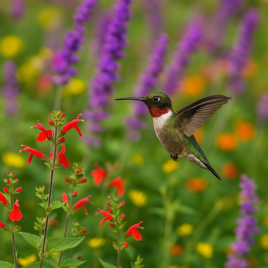 Colibrí alimentándose en jardín de flores nativas, alternativa a los bebederos comerciales