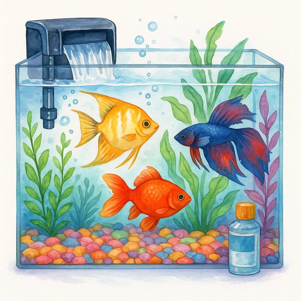 Acuario completo con peces tropicales, plantas, grava, filtro y accesorios, ilustración en acuarela.