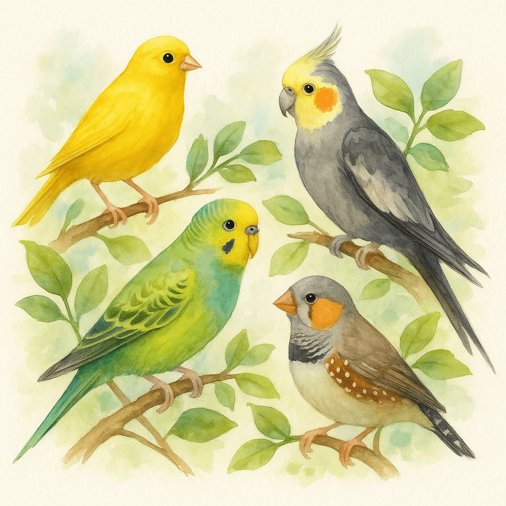 Ilustración en acuarela de aves de ornato como canario, periquito, ninfa y diamante mandarín posados en ramas, portada de colección