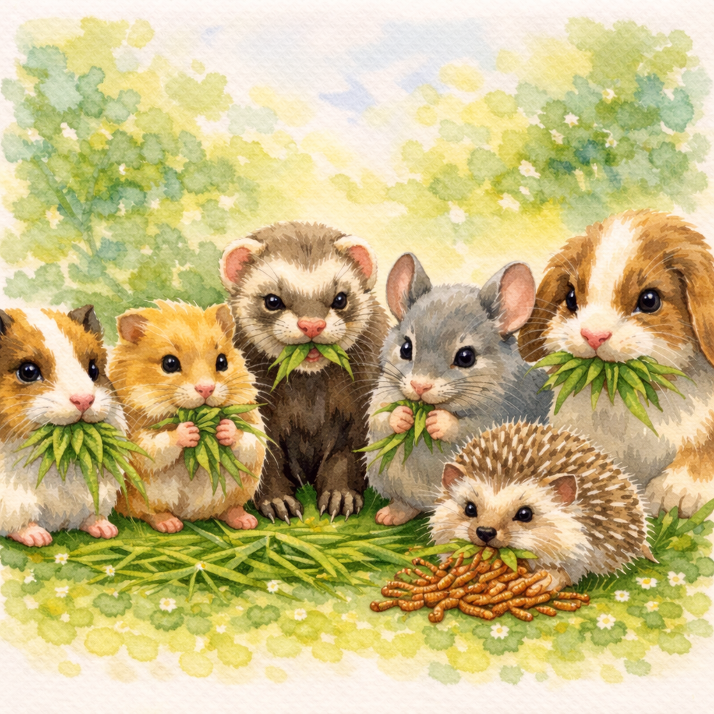 Ilustración en acuarela de un conejo, un hámster, un cuyo, un hurón y un erizo sobre fondo suave en tonos pastel, con la frase "Pequeños Mamíferos"