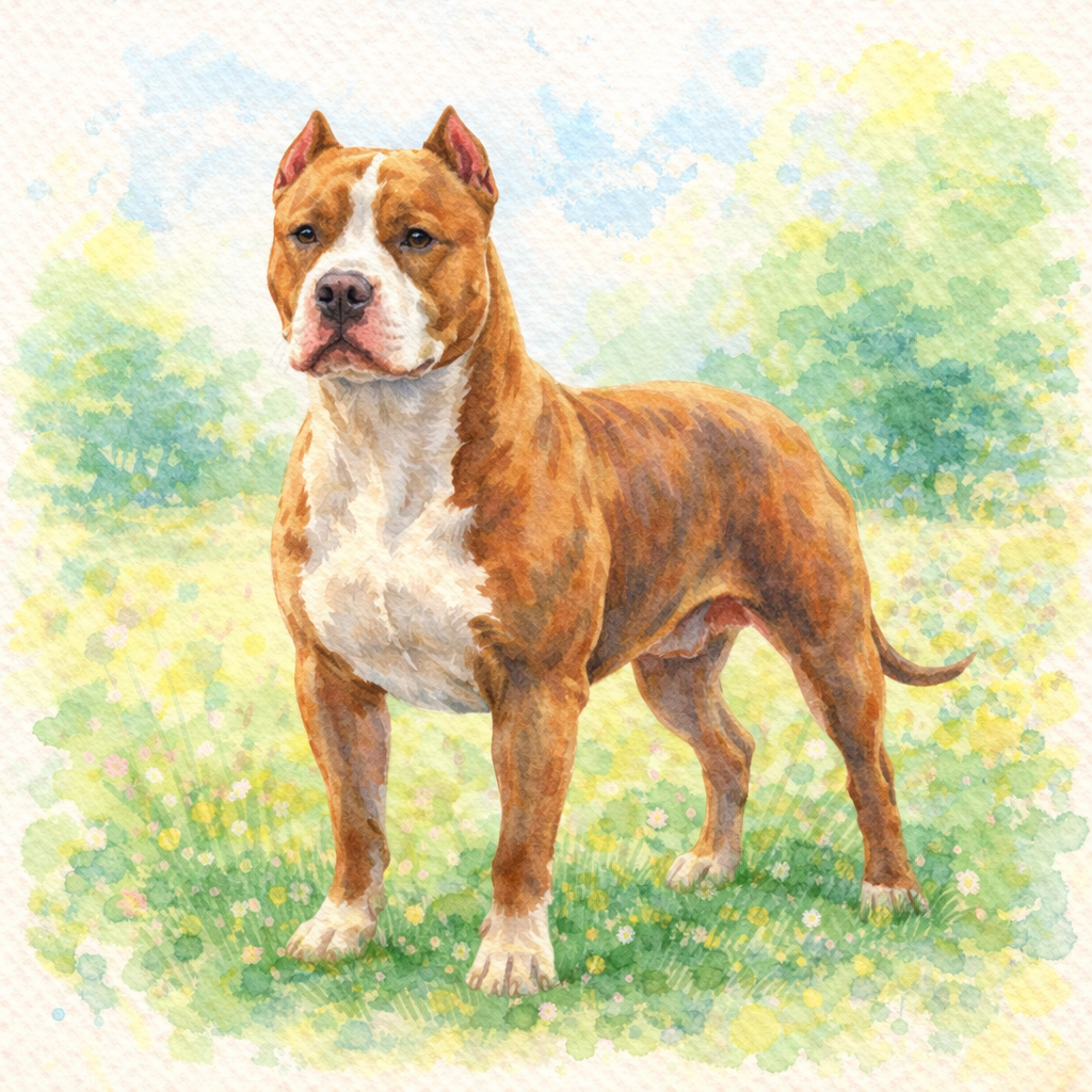 Pintura artística en acuarela de un perro Pitbull con expresión noble, representando la lealtad y el cuidado integral de la colección canina