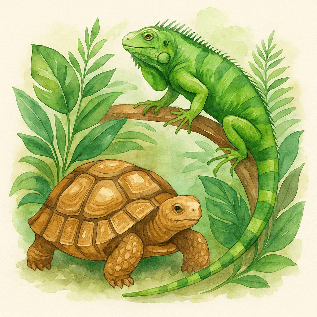 Acuarela de una tortuga y una iguana entre plantas tropicales,ilustrando la colección de productos de reptiles y tortugas.