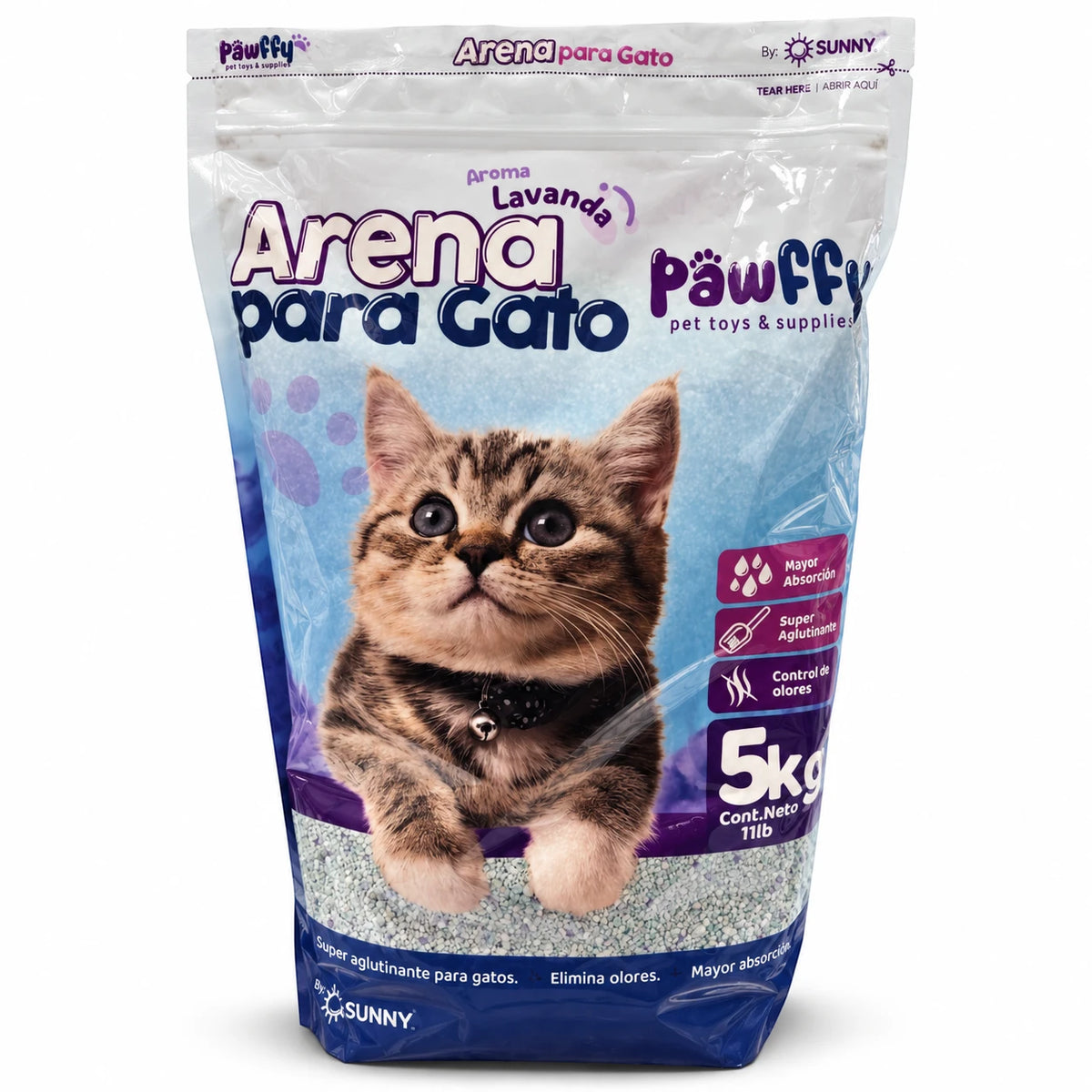 Bolsa de Arena para Gato Pawffy aroma lavanda de 5 kg sobre fondo blanco.