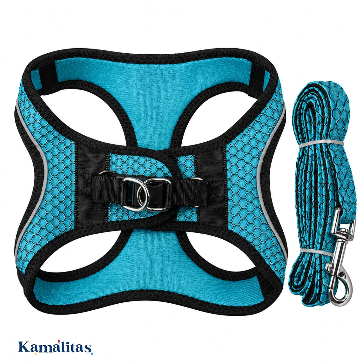 Arnés Sportie Fancy Pets azul aqua tipo chaleco con correa incluida y sistema de cierre en la espalda, sobre fondo blanco