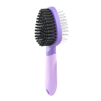 Cepillo doble Fancy Pets morado para gatos, vista principal mostrando las dos caras del cepillo