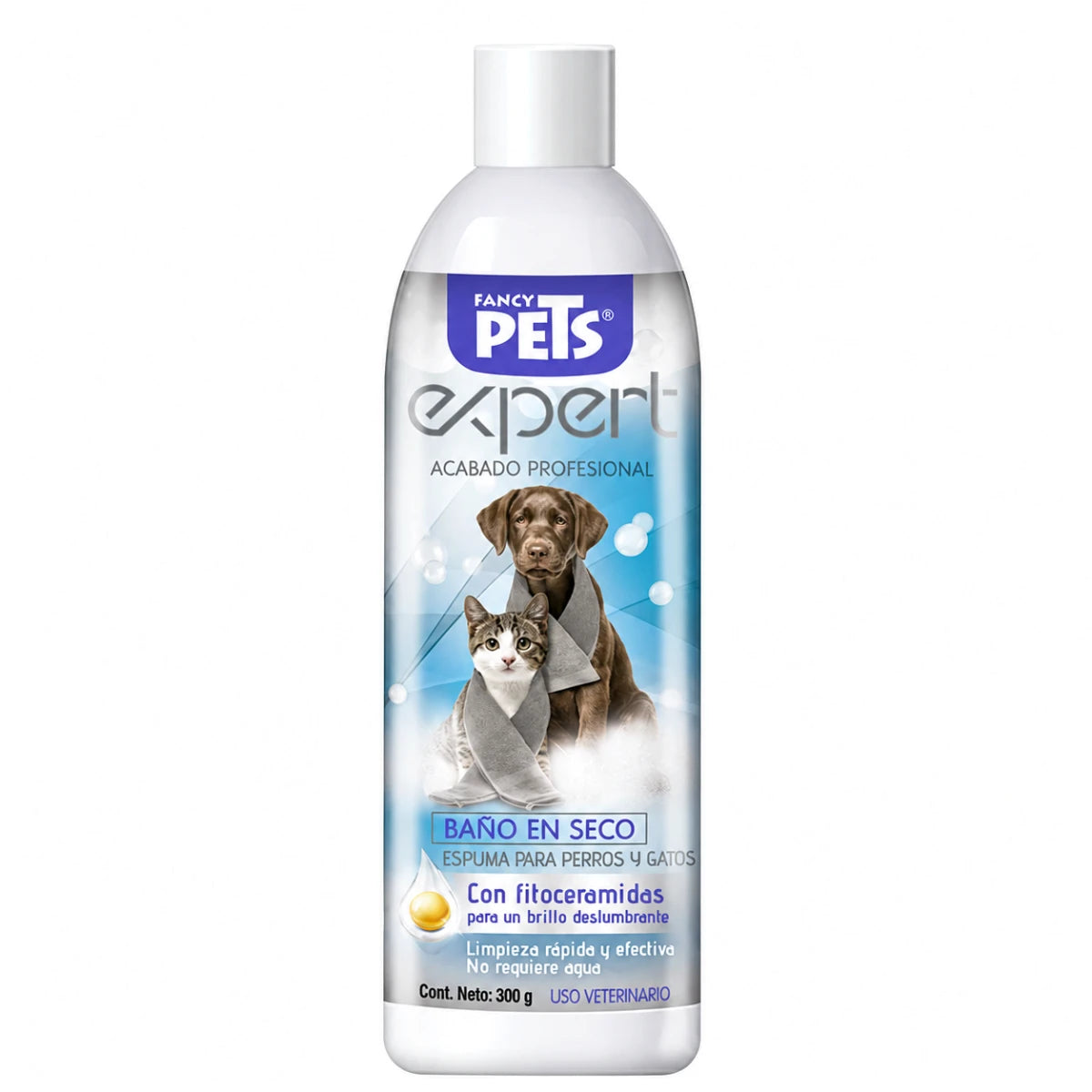 Espuma baño en seco Fancy Pets Expert de 300 g para perros y gatos, presentación del producto sobre fondo blanco.