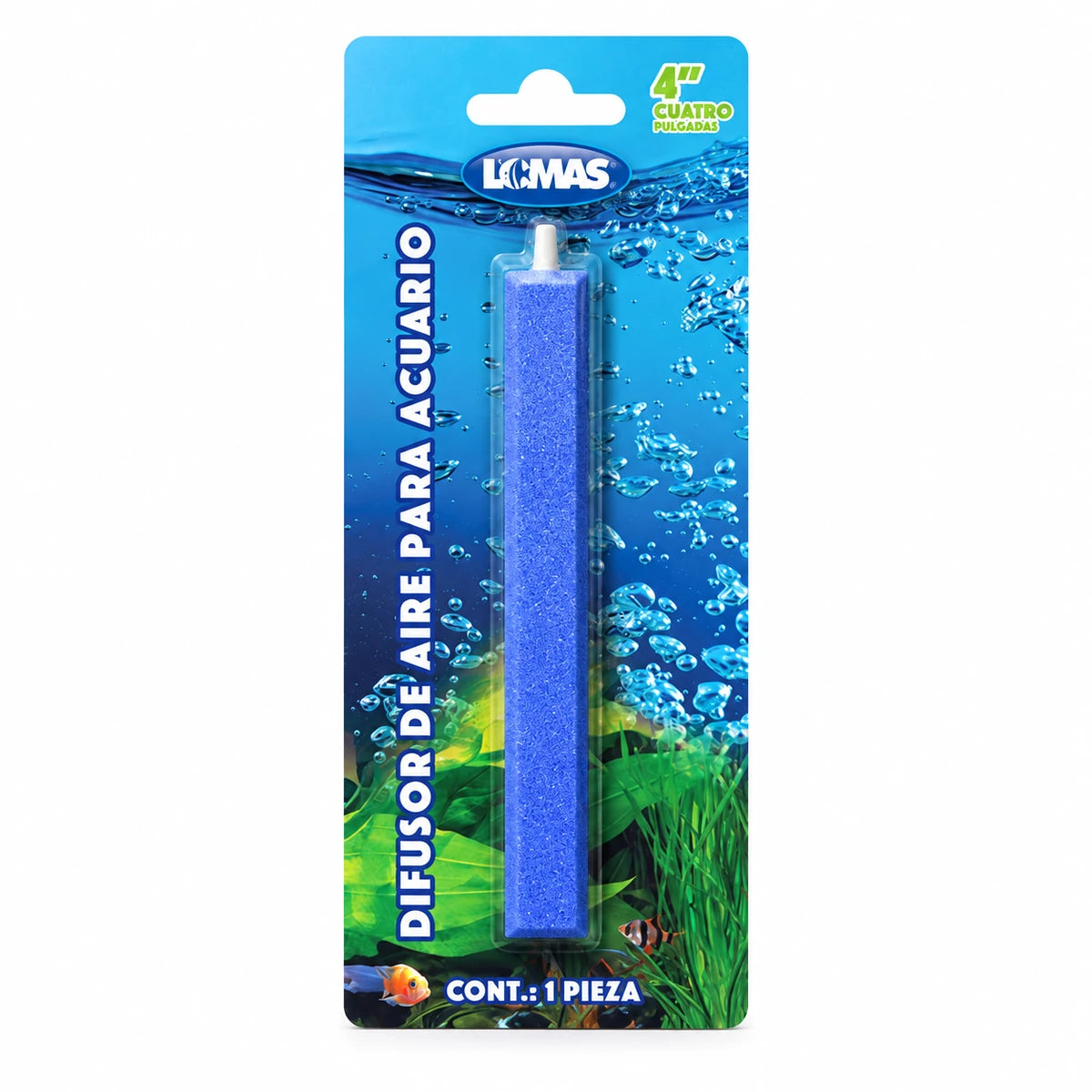 Empaque frontal de la piedra aireadora azul Lomas de 4 pulgadas para acuario, con una pieza visible.