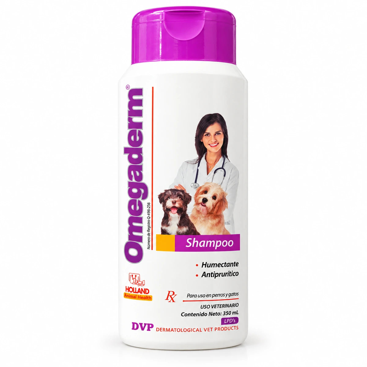 Omegaderm Shampoo Holland para perros y gatos, vista principal del envase de 350 mL
