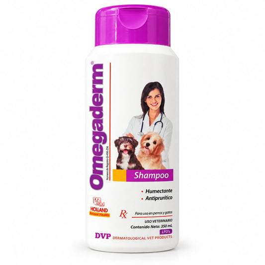 Omegaderm Shampoo Holland para perros y gatos, vista principal del envase de 350 mL
