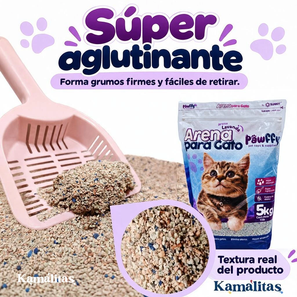 Pala rosa con un grumo de Arena Pawffy sobre el arenero, junto a la bolsa de 5 kg; se aprecia el granulado real con partículas azules.
