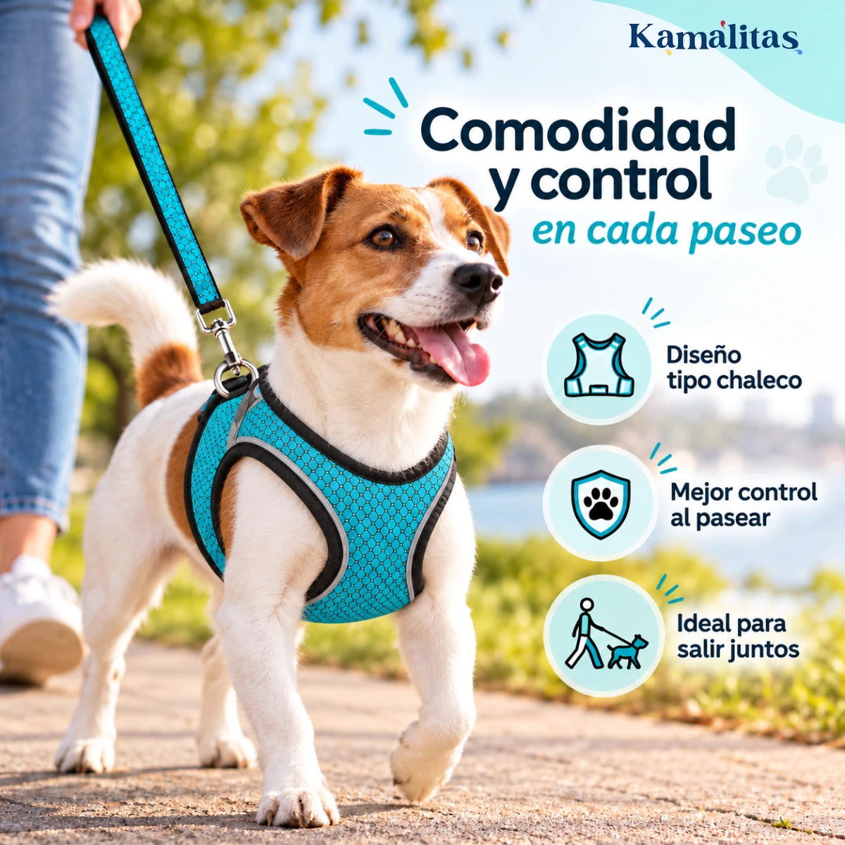 Perro usando el Arnés Sportie Fancy Pets azul aqua durante un paseo, con correa conectada en la espalda.