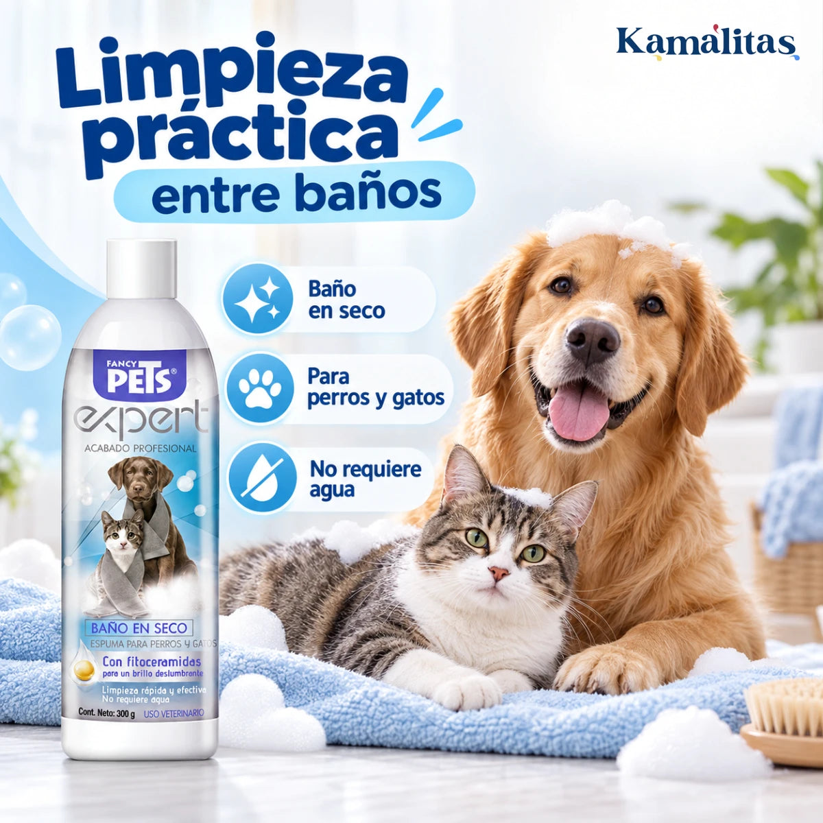 Espuma baño en seco Fancy Pets para perros y gatos, ideal para una limpieza práctica entre baños y sin necesidad de agua.