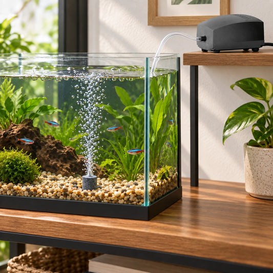 Bomba Lomas AquaJet 101 instalada fuera y por encima de un acuario pequeño, conectada a una piedra aireadora