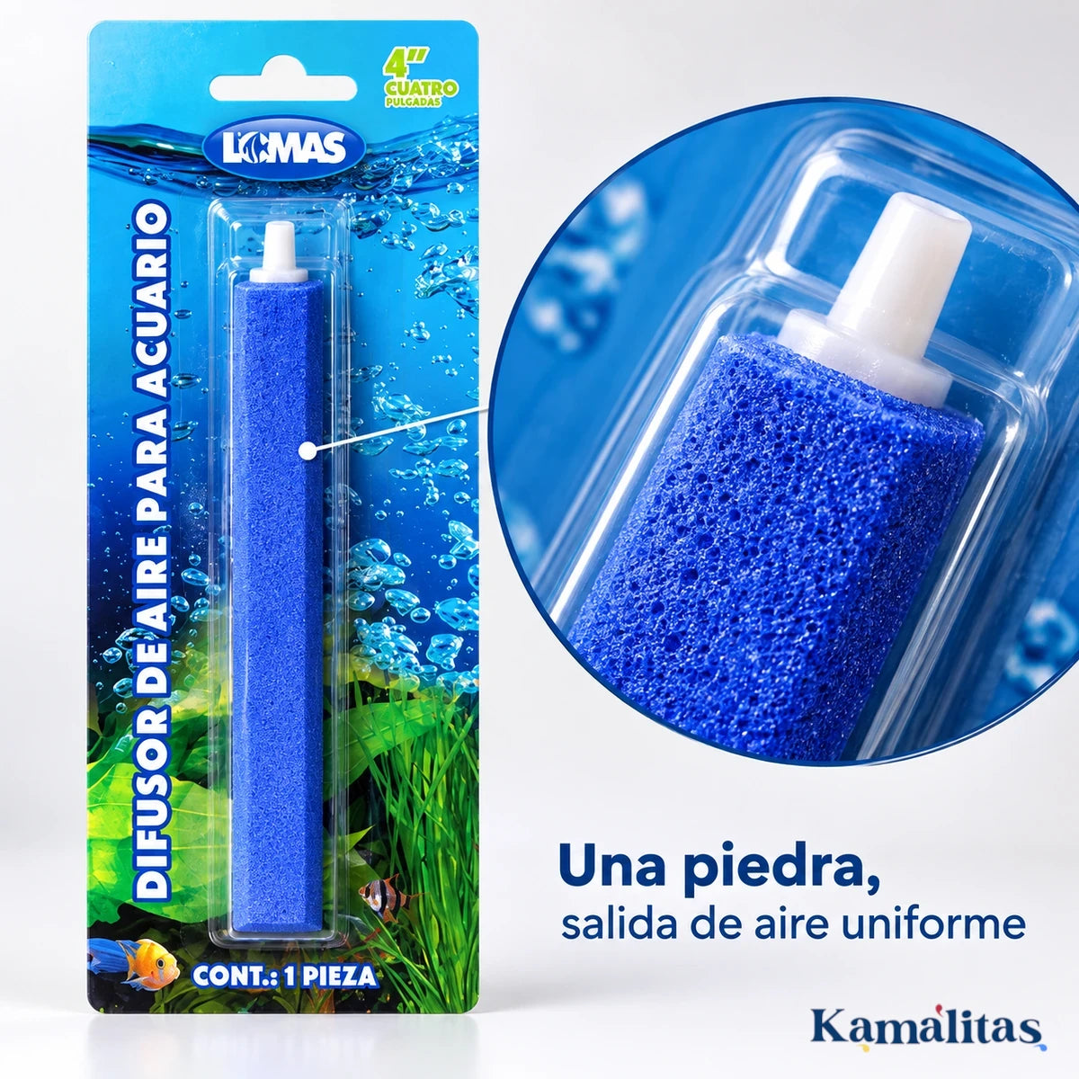 Piedra aireadora azul Lomas en su empaque y detalle ampliado del extremo donde se conecta la manguera.