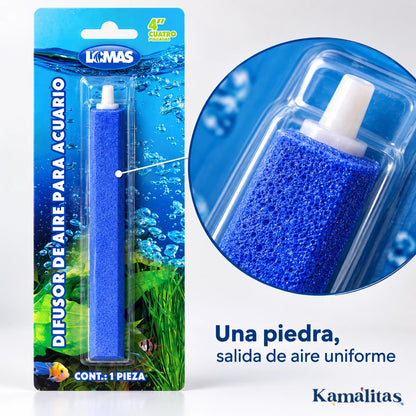 Piedra aireadora azul Lomas en su empaque y detalle ampliado del extremo donde se conecta la manguera.
