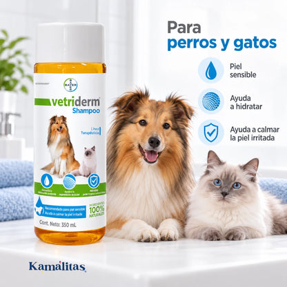 Vetriderm Shampoo 350 mL junto a un perro y un gato, con información sobre piel sensible, hidratación y cuidado de la irritación.