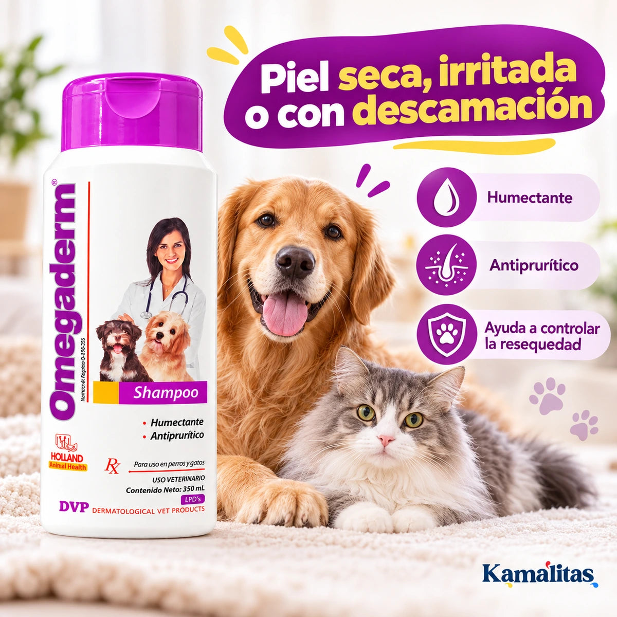 Omegaderm Shampoo Holland para perros y gatos con piel seca, irritada o con descamación