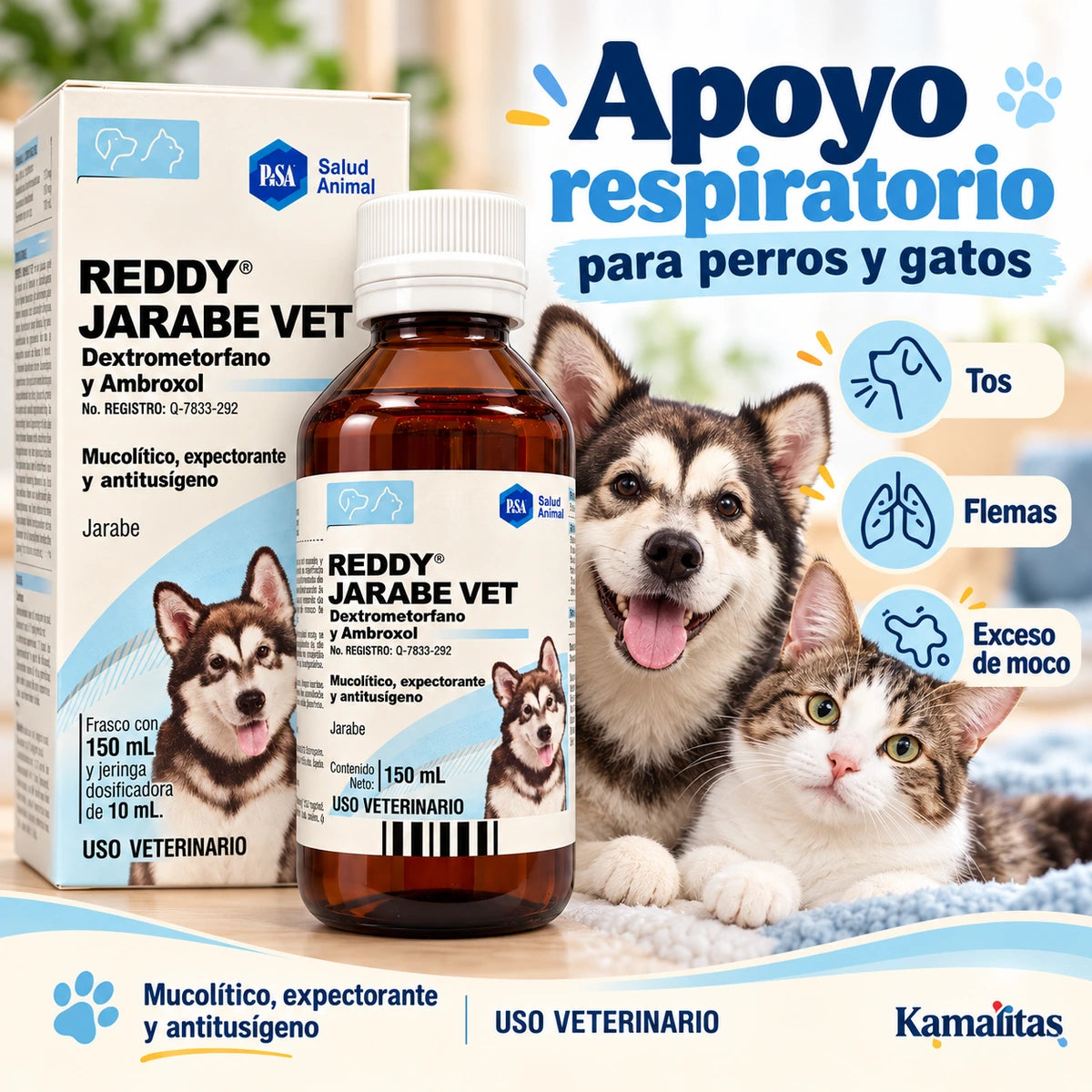 Jarabe reddy de laboratorio Pisa esta indicado para casos de tos, exceso de mocoy flemas en perros y gatos