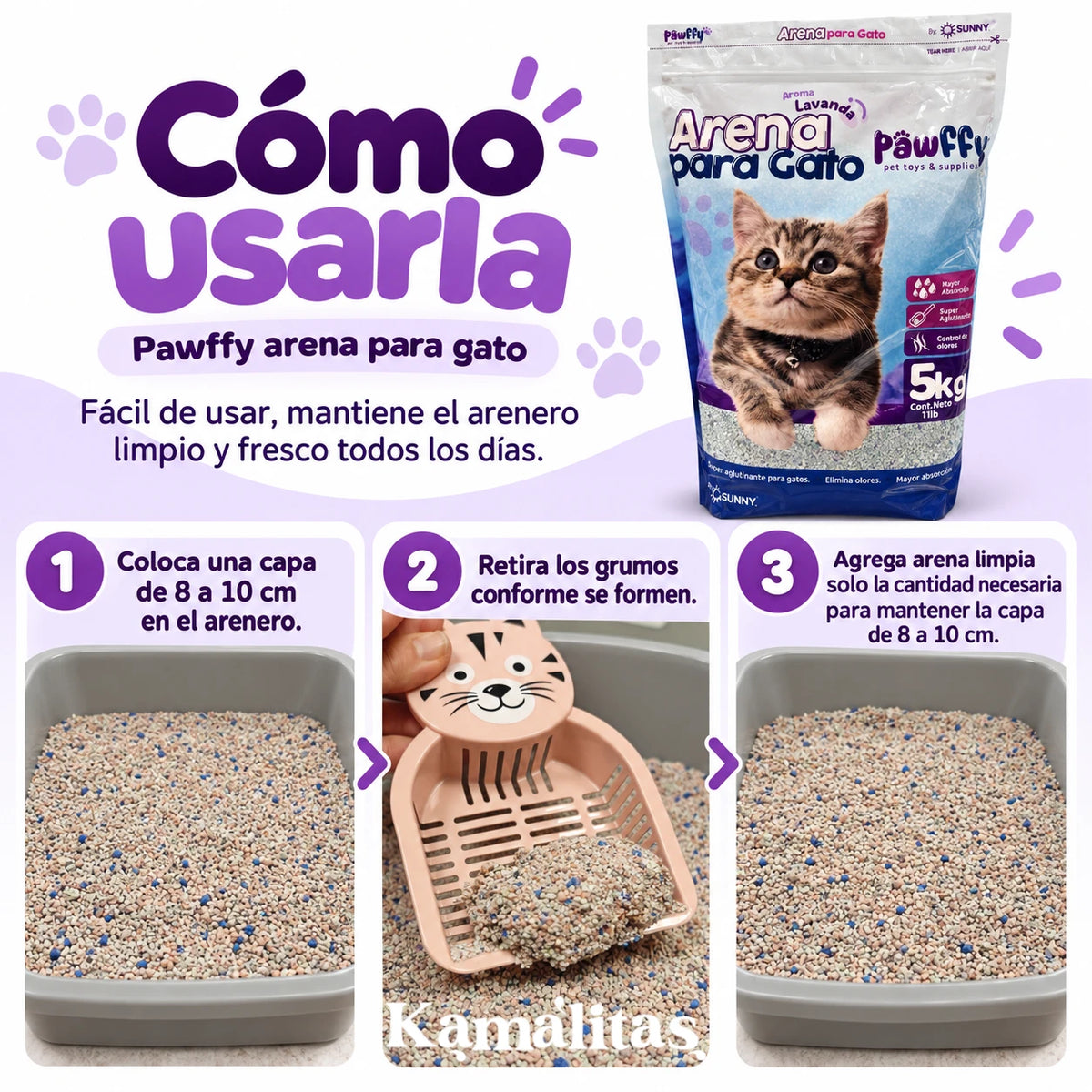 Infografía de tres pasos para usar Arena Pawffy: colocar una capa de 8 a 10 cm, retirar los grumos con pala y reponer arena limpia.
