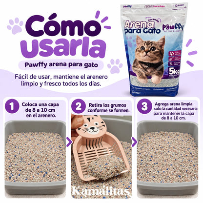 Infografía de tres pasos para usar Arena Pawffy: colocar una capa de 8 a 10 cm, retirar los grumos con pala y reponer arena limpia.
