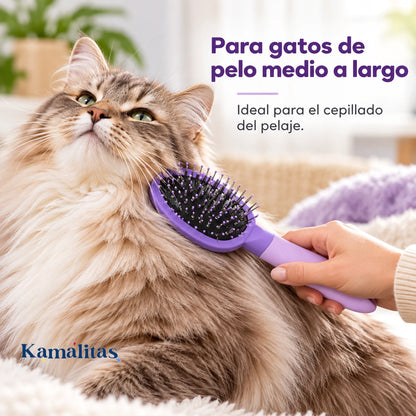 Gato de pelo medio a largo siendo cepillado con el cepillo doble Fancy Pets morado.