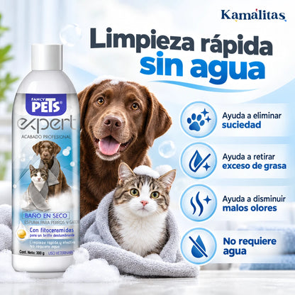 Espuma para baño en seco Fancy Pets que ayuda a retirar suciedad, exceso de grasa y malos olores sin mojar el pelaje.