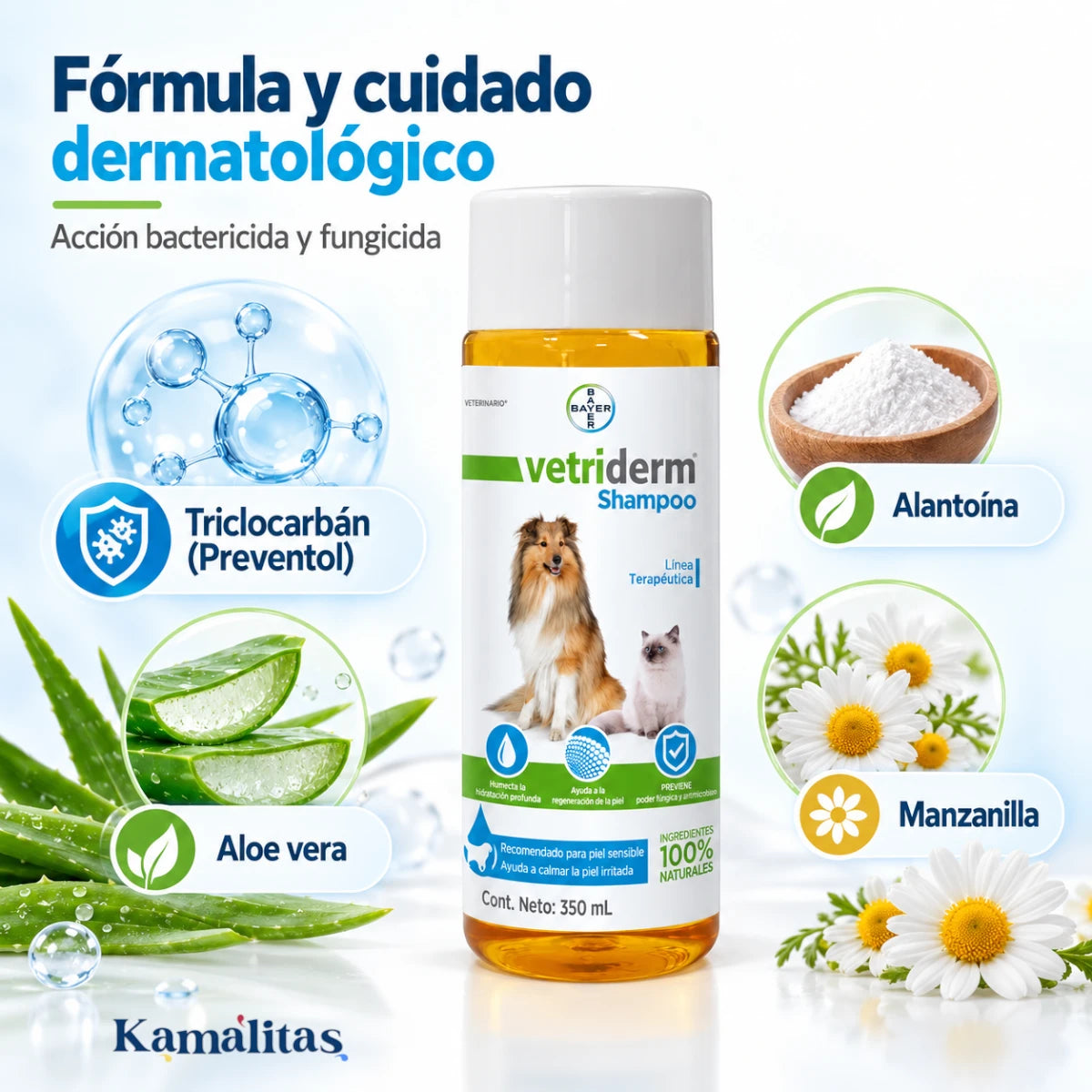 Vetriderm Shampoo 350 mL con triclocarbán, alantoína, aloe vera y manzanilla como componentes destacados de la fórmula.