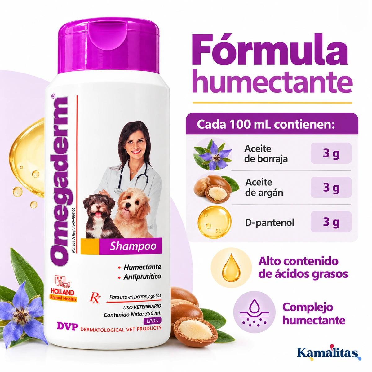 Fórmula humectante de Omegaderm Shampoo con aceite de borraja, aceite de argán y D-pantenol