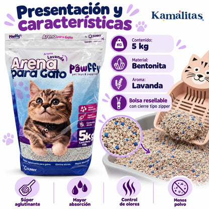 Bolsa de Arena Pawffy Lavanda de 5 kg con información de bentonita, aroma lavanda, cierre tipo zipper, aglutinación, absorción, control de olores y menor generación de polvo.


