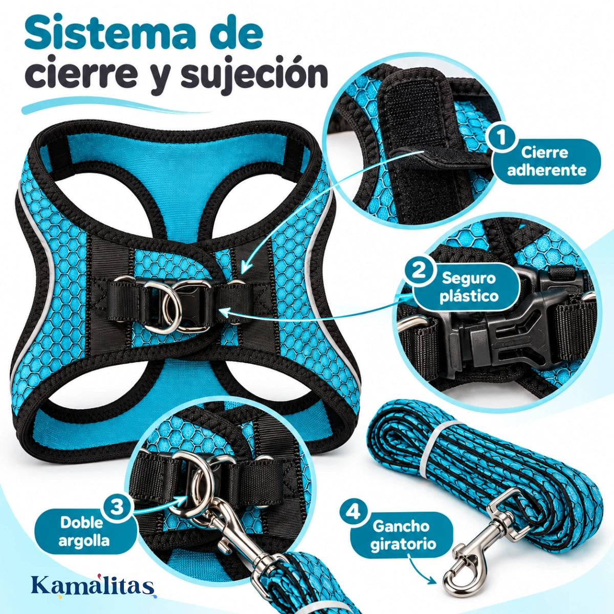 Detalle del Arnés Sportie Fancy Pets con cierre adherente, seguro plástico, doble argolla metálica y gancho giratorio de la correa.