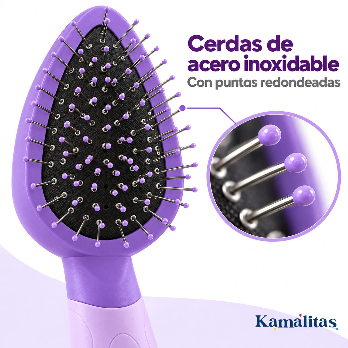 Acercamiento de las cerdas de acero inoxidable del cepillo Fancy Pets con puntas redondeadas color lila.