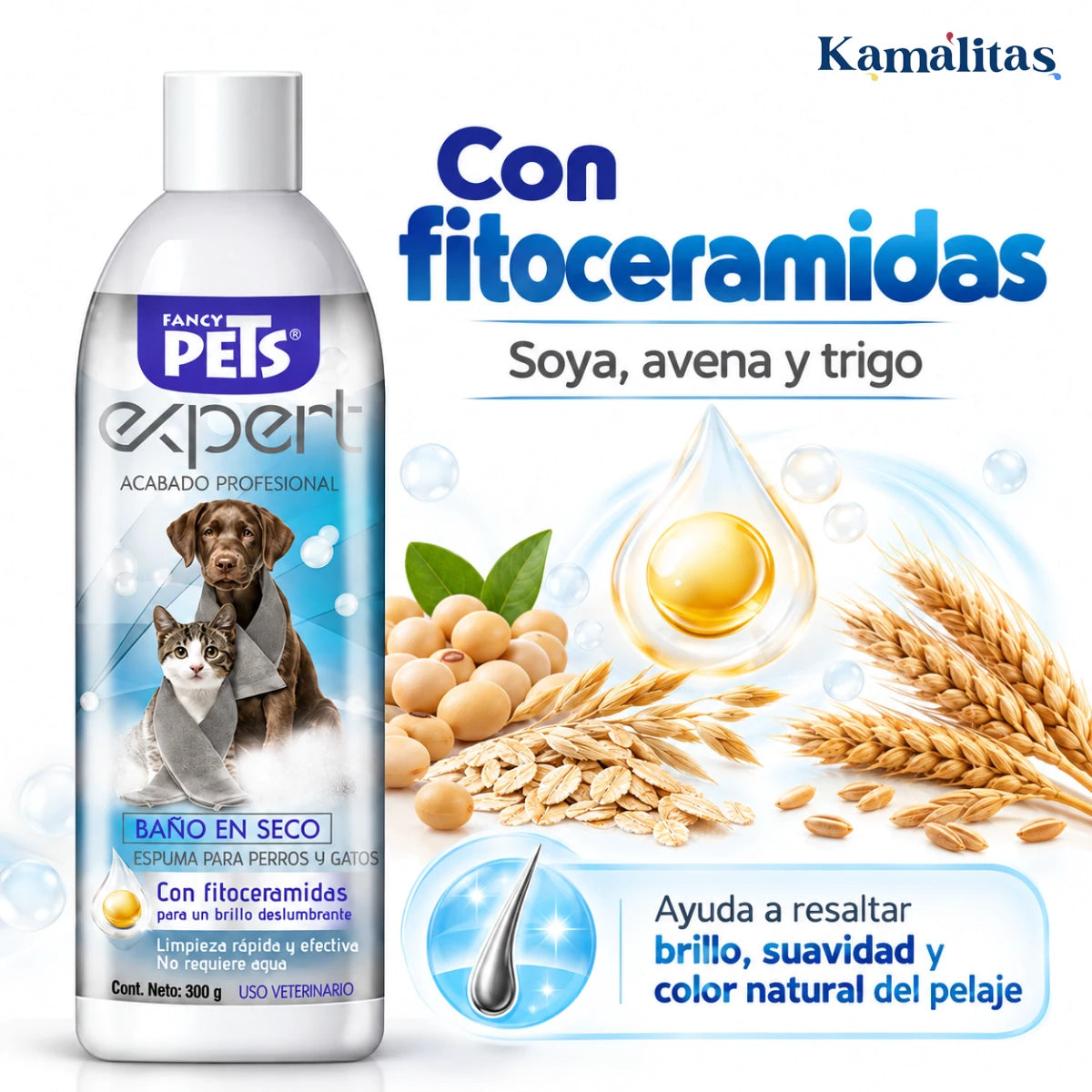 Espuma baño en seco Fancy Pets con fitoceramidas de soya, avena y trigo, formulada para ayudar a resaltar brillo, suavidad y color natural del pelaje.