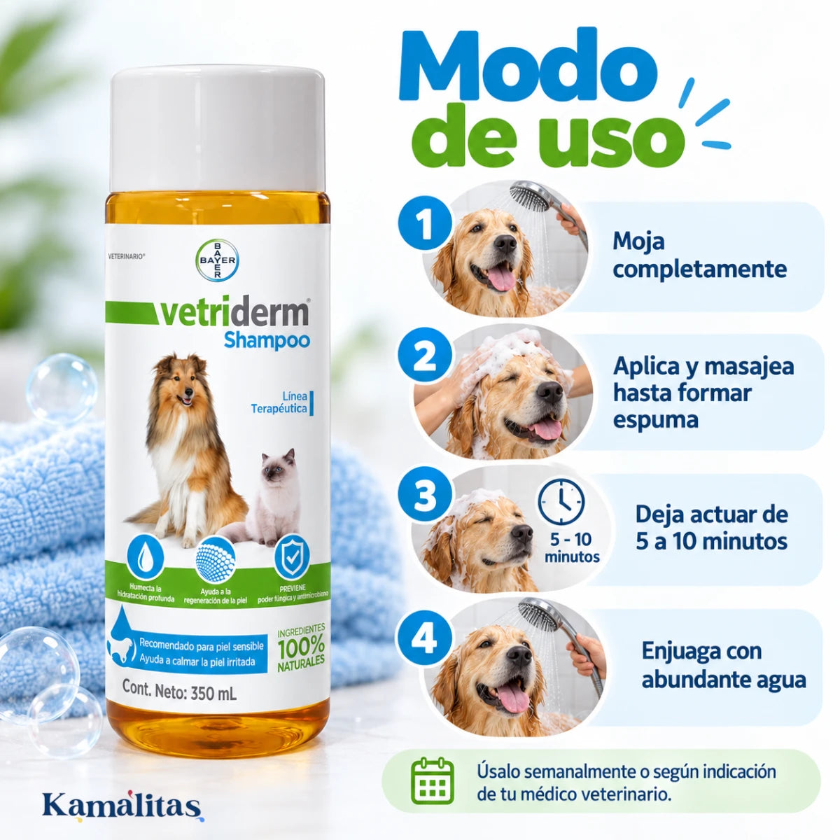 Modo de uso de Vetriderm Shampoo 350 mL en cuatro pasos: mojar, aplicar y masajear, dejar actuar de 5 a 10 minutos y enjuagar.