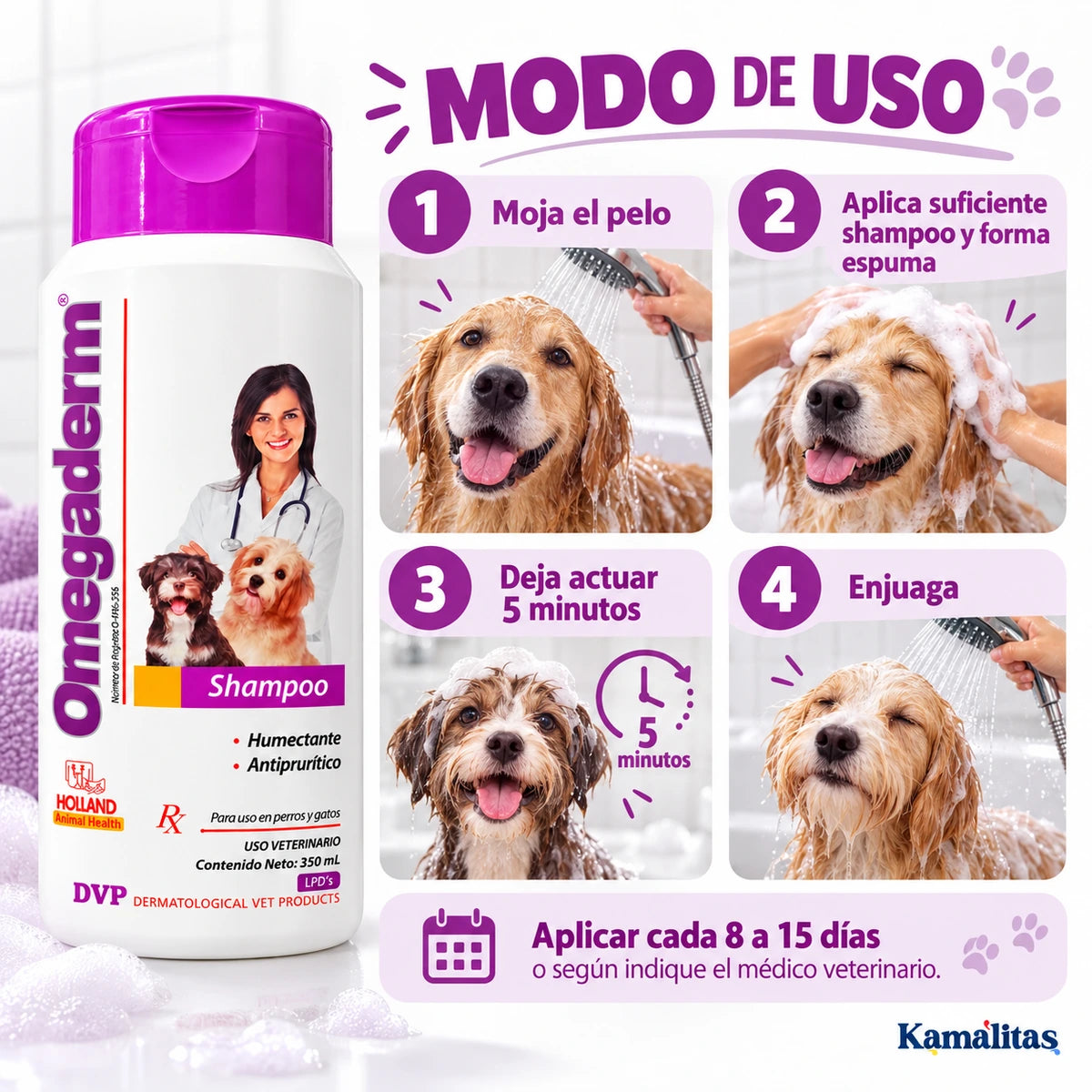 Modo de uso de Omegaderm Shampoo Holland para perros y gatos