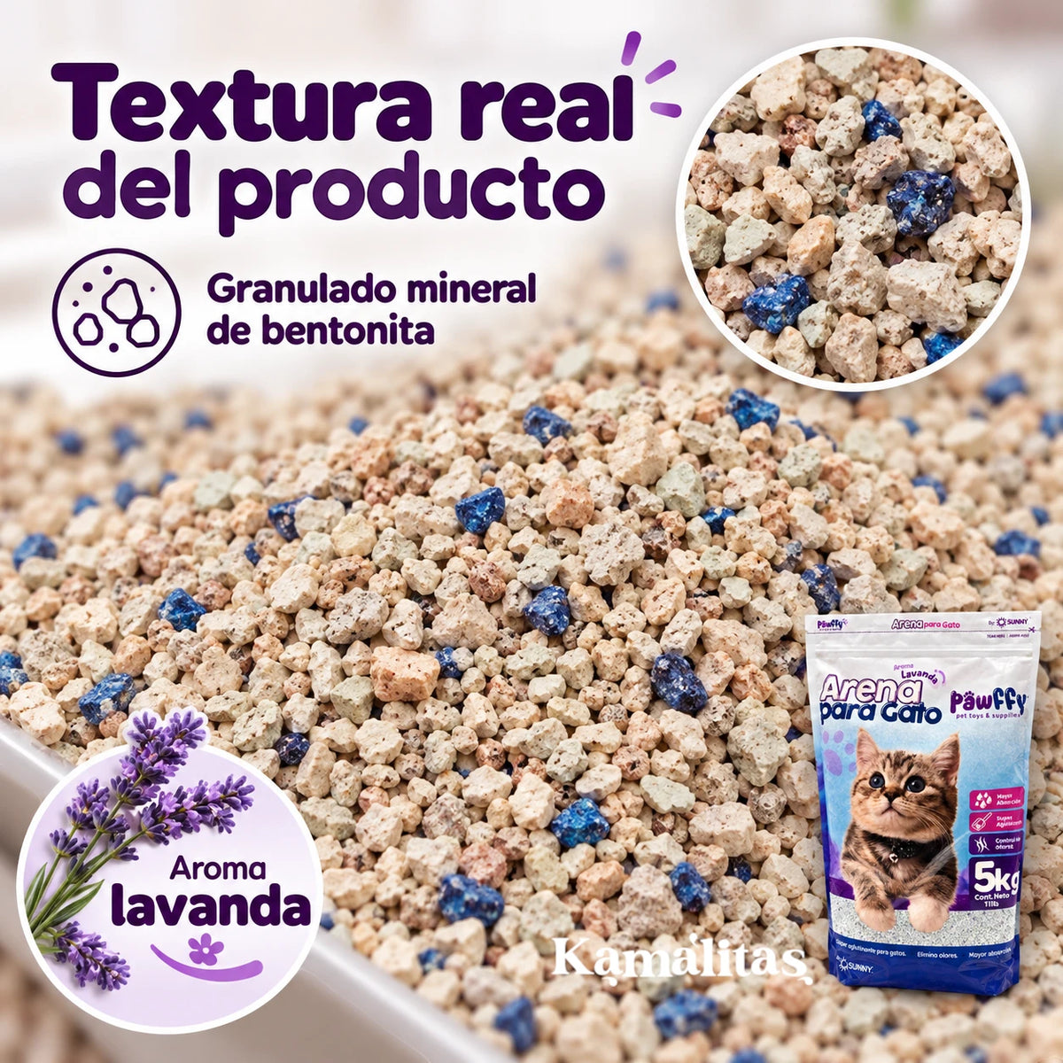 acercamiento a gránulos de arena pawwfy aroma lavanda 