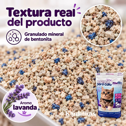 acercamiento a gránulos de arena pawwfy aroma lavanda 