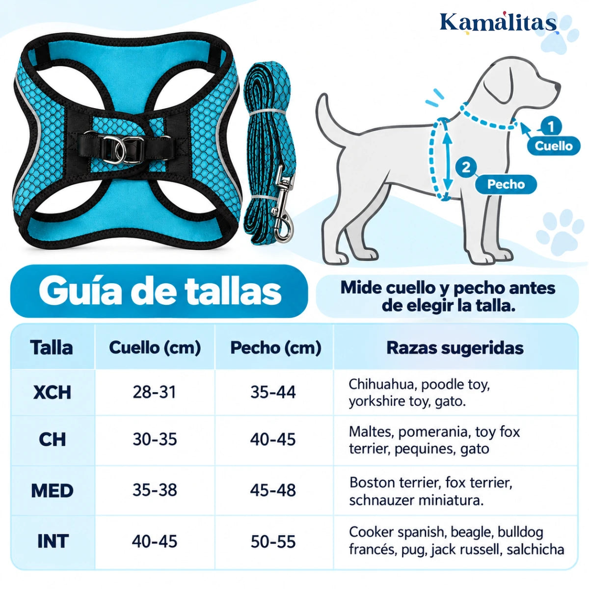 Guía para medir cuello y pecho con tabla de tallas XCH, CH, MED e INT del Arnés Sportie Fancy Pets azul aqua.