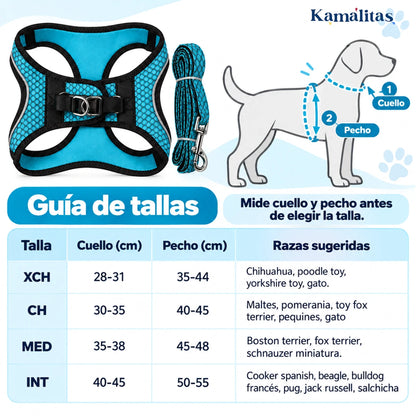 Guía para medir cuello y pecho con tabla de tallas XCH, CH, MED e INT del Arnés Sportie Fancy Pets azul aqua.