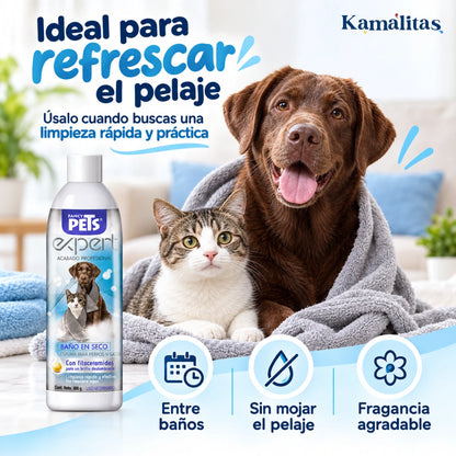 Espuma para baño en seco Fancy Pets para refrescar el pelaje de perros y gatos entre baños, con limpieza rápida y fragancia agradable.