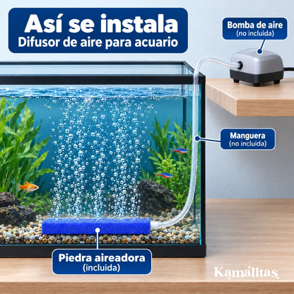 Esquema de una bomba de aire fuera del acuario conectada por manguera a una piedra aireadora dentro del agua; solo se incluye la piedra.