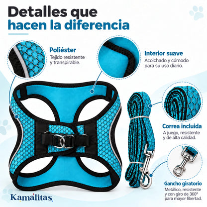 Arnés Sportie Fancy Pets azul aqua con detalles del poliéster, interior suave, correa incluida y gancho giratorio metálico.