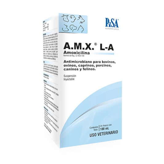 Caja de A.M.X. L-A, antibiótico de amoxicilina en suspensión inyectable de larga acción para el tratamiento de infecciones en diversas especies animales.