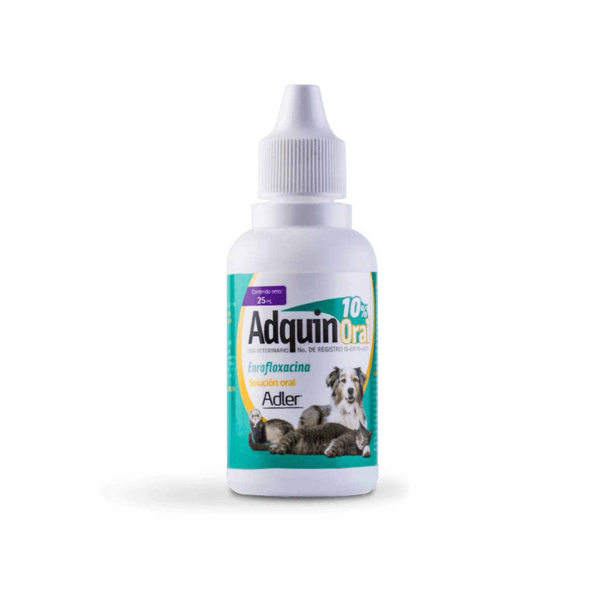 Envase de Adquin Oral 10%, presentacion mascotas; solución antibiótica de enrofloxacina para perros, gatos y aves