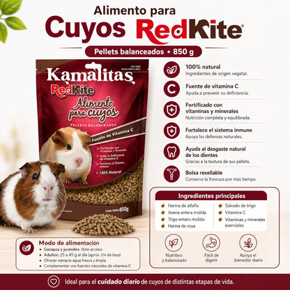 Infografía de Alimento para Cuyos RedKite 850 g con pellets balanceados, vitamina C, vitaminas, minerales, alfalfa, avena, trigo y harina de soya.