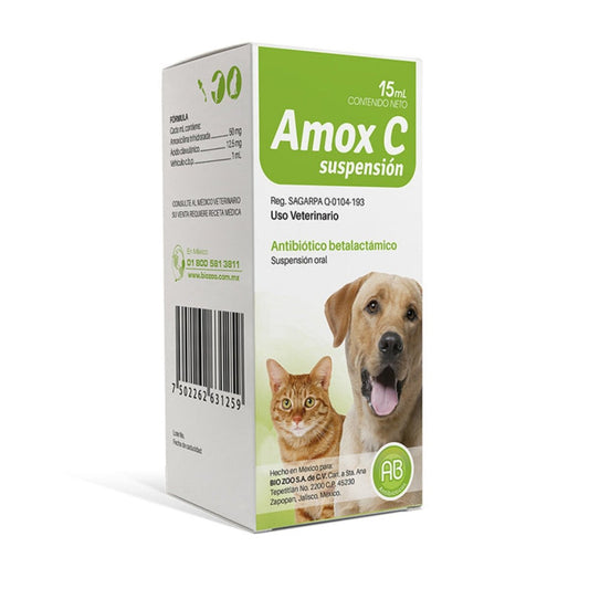 Caja de Amox C Suspensión 15 mL, antibiótico de amplio espectro para tratar infecciones en perros y gatos