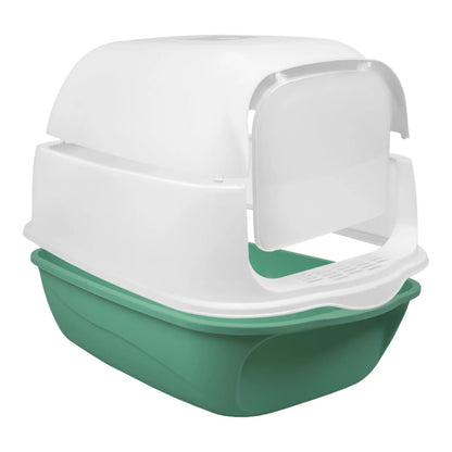 Primer plano detallado del Arenero Cubierto Fancy Pets, mostrando el ensamble de sus diferentes partes en color bverde y blanco